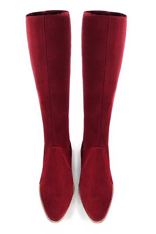 Cardinal red women's riding knee-high boots. Round toe. Low leather soles. Made to measure. Top view - Florence KOOIJMAN